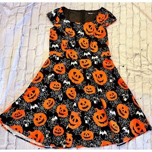 PUKAVT Halloween Pumpkin Spiderweb Bat Fit & Flare Skater Dress XL Black Orange